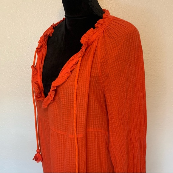 J. Crew Long Sleeve Textured Gauze Dress Ruffle Neck Tassels Red Orange Medium - Picture 5 of 15